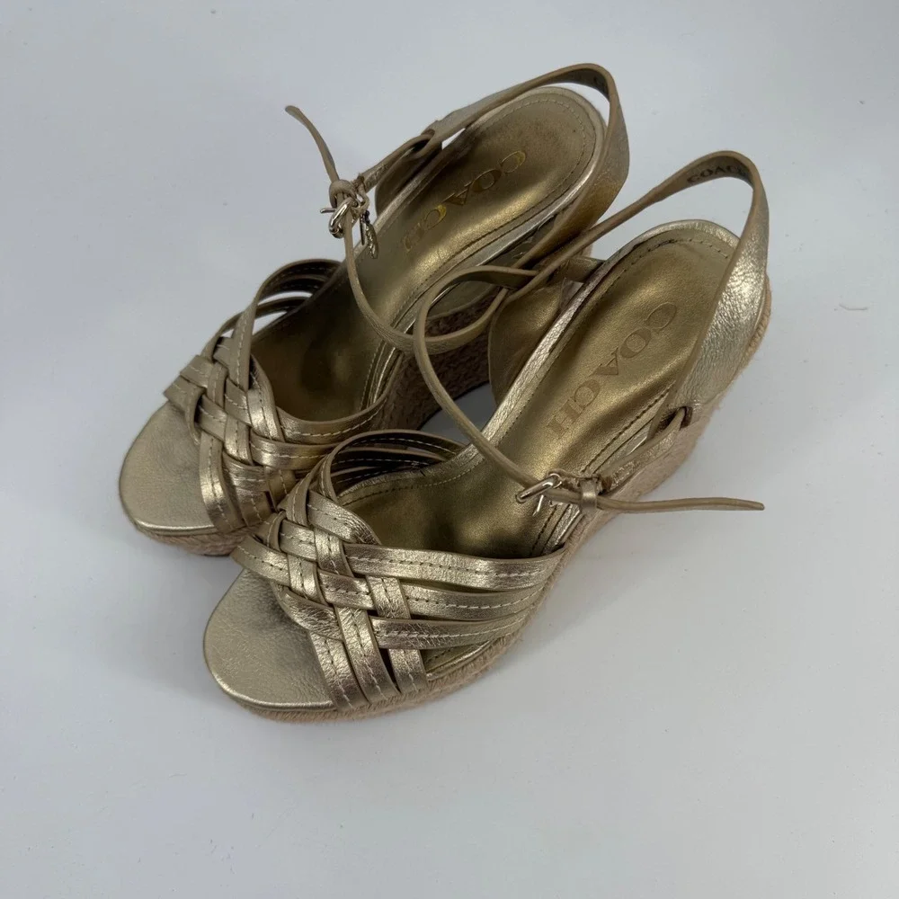 Coach Dottie Espadrille Wedge Sandals Womens 6B Gold Metallic Woven Strappy